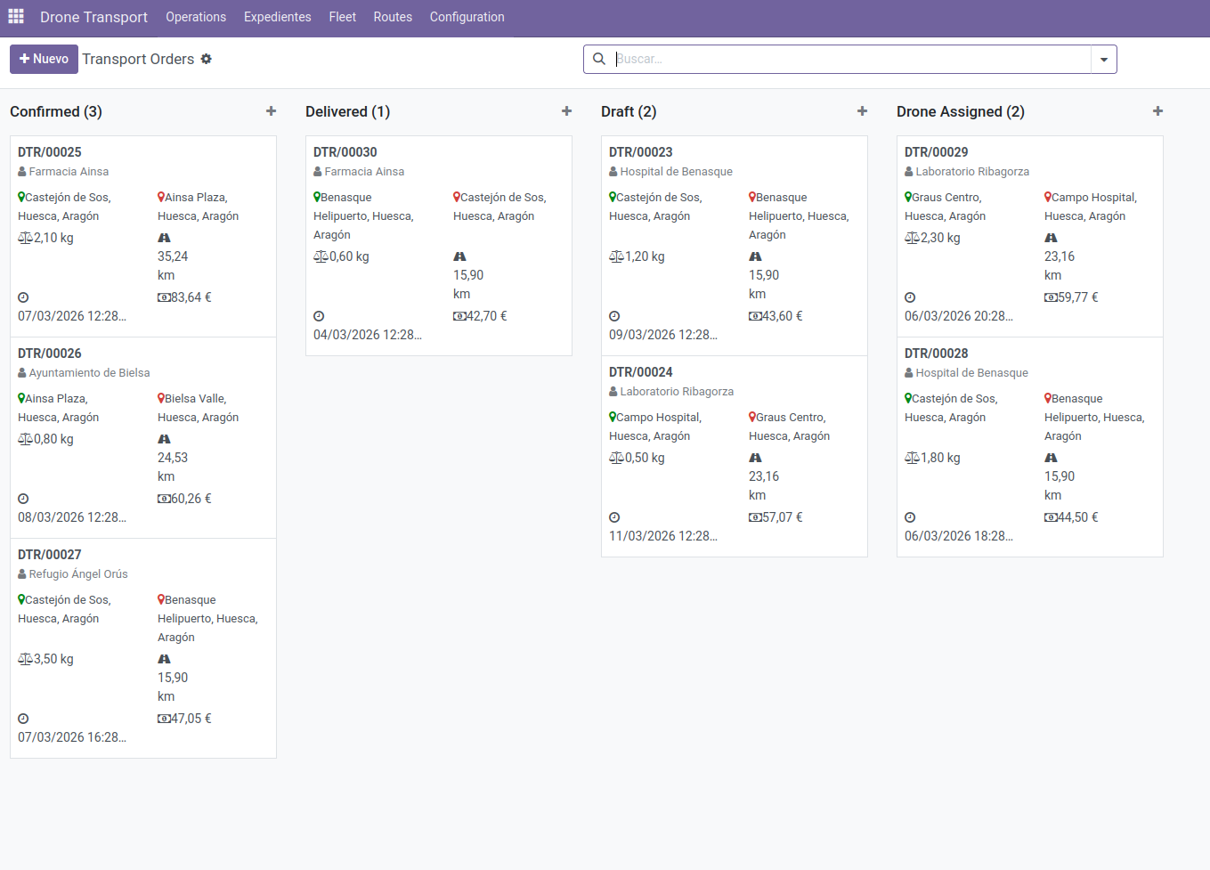 Vista Kanban de Odoo para transporte de drones